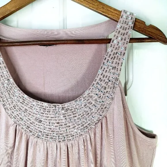 Cable & Gauge Pink Beaded Scoop Neck Tank Top Crystal Collar Sz M - Picture 4 of 14